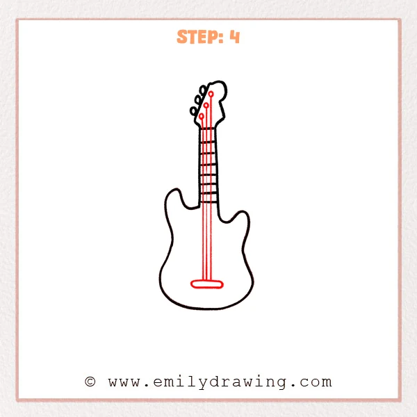 how to draw an electric guitar - Step 4 of an easy electric guitar drawing adds multiple straight strings from the headstock down to a simple rounded bridge on the body.